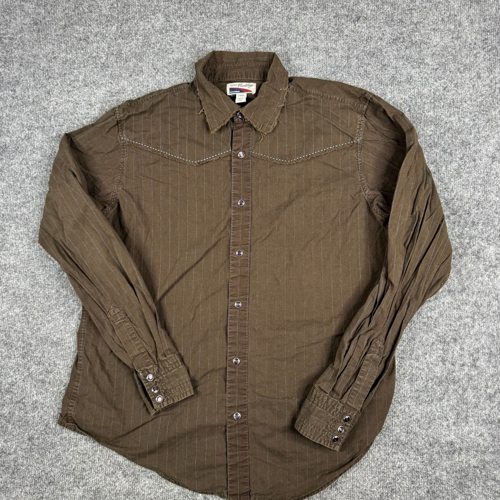 Rare Vintage Shirt Mens Size Large Brown Pinstripe Western Pearl Snap Distressed
